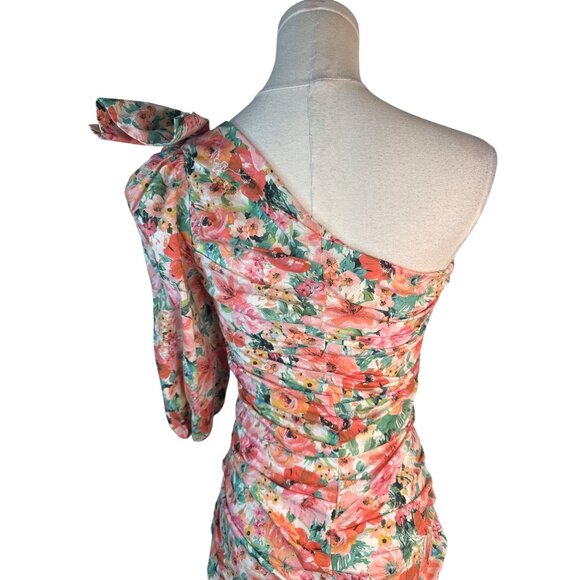 ZARA Floral One-Shoulder Ruched Mini Dress With Bow Detail - Picture 10 of 12
